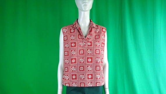 Vintage Retro Clothing Apparel Ship N Shore Pullover Button Shirt Suit Blouse Top 1950s 1960s Mid Century M 36 Red White Gray Bandana Gift