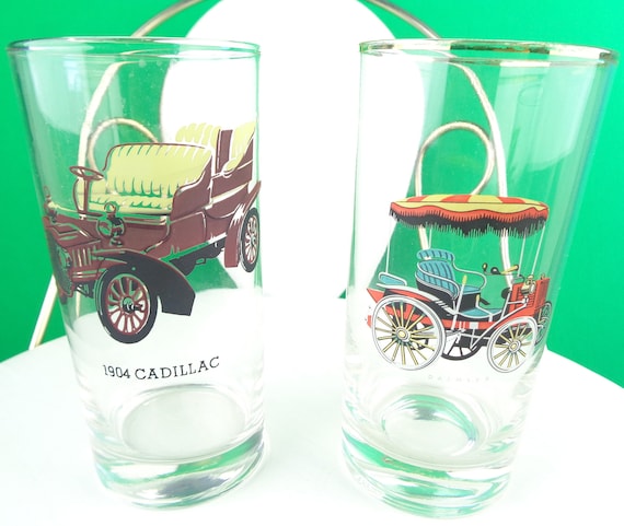Vintage Retro Water Drinking Tumbler Glasses 70s 80s Victorian Daimler 1904 Cadillac Car Barware Kitchen Dining Serve Home Decor Party Gift