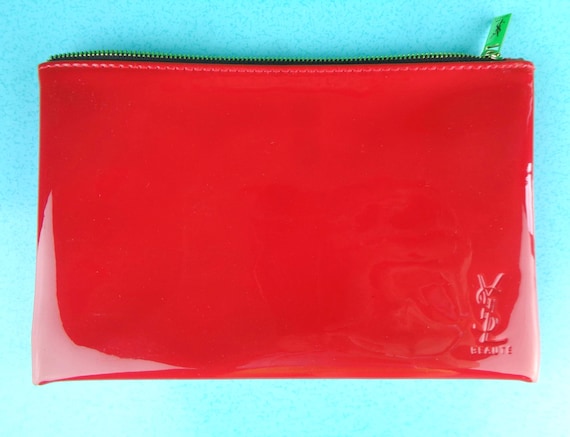 YVES SAINT LAURENT Red Patent Cosmetic Beauty Makeup Bag Organizer Kit Pouch Purse Handbag Clutch Wallet Card Wedding Party Evening Gift