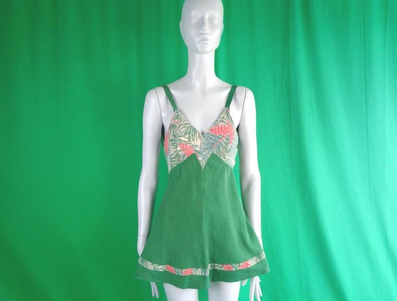 Vintage Retro Clothing Apparel Skintite Bruck Small One Piece Bathing Playsuit Swimwear 1940s 1950s Green Coastal Beach Photo Shoot Gift
