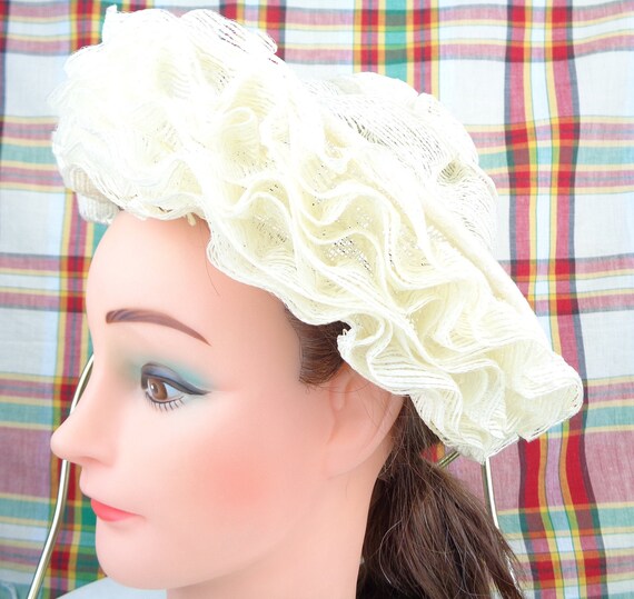 Vintage Ivory Straw Sun Hat: 1950s Raffia Taffeta Velvet Trim (22") Mid Century Wedding