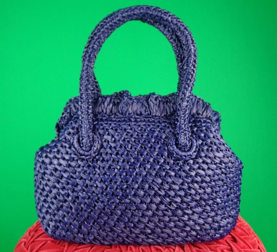 Vintage Retro LG Navy Blue Raffia Rattan Straw Purse Handbag Top Handle Clutch 1950s 60s Mid Century Wedding Party Evening Gift Accessorize