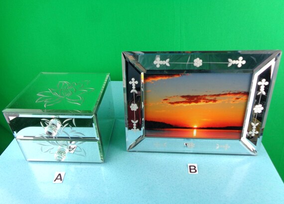 Vintage Etched Glass Picture Frame & Trinket Box: Mirror Tabletop Decor Jewelry Storage Gift Keepsakes