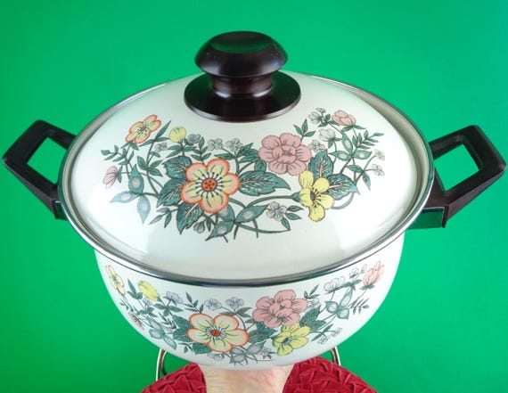 Vintage Retro Decorative Stock Pot Dutch Cookware Transfer-ware 1970s 1980s LG Floral Enamel Home House Kitchen Dining Serving Party Gift