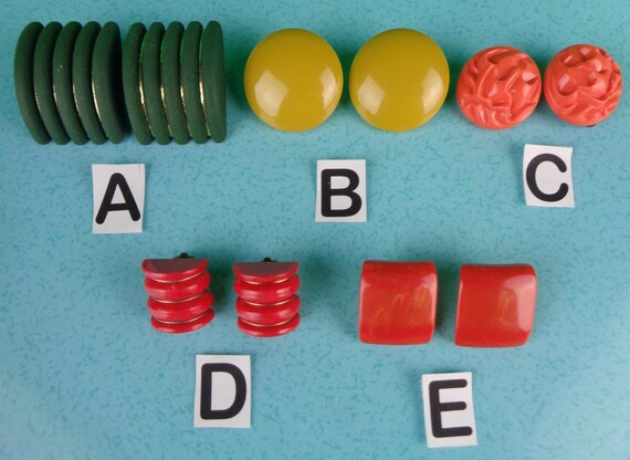 Vintage Retro Clip On Earrings Costume Jewelry 1940s 50s WW2 Mid Century Wedding Party Evening Formal Gift Green Yellow Coral Red Orange