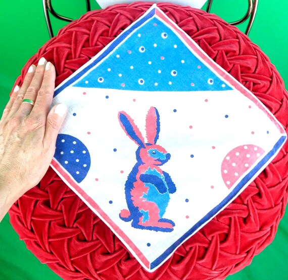 Vintage Retro Easter Bunny Handkerchief Pocket Square Linen 1940s 1950s Mid Century Home Accent Decor Party Supplies Seasonal Gift Keepsake