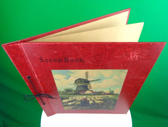 Vintage 1920s Dutch Scrapbook Album: Holland Scenery, Lace Tie Antique Keepsake Memento Red Gift