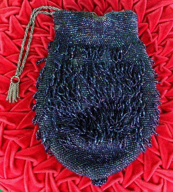 Antique Iridescent Glass Heavily Beaded Purse: 1920s-30s Bugle Swag Pouch Carnival Vintage Accessory Gift