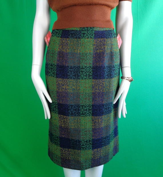 Vintage Checkered Tweed Pencil Skirt - 1970s Retro Wool Pocket Skirt Green Blue Yellow Gift