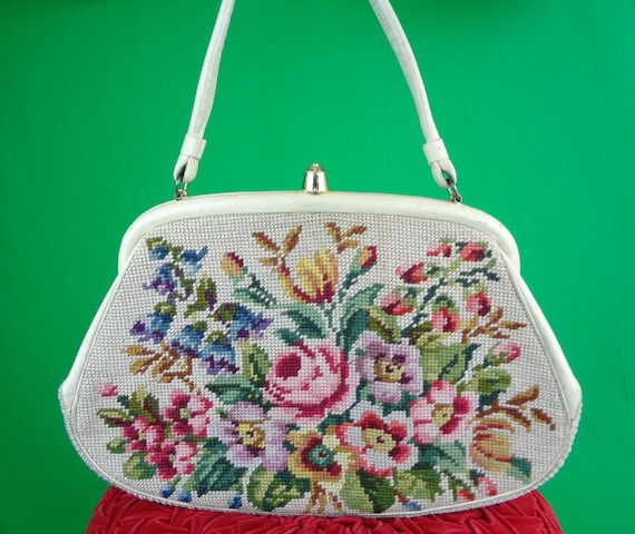 Vintage Tapestry Purse, 50s Floral Petit Point Handbag Mid Century Leather Top Handle Clutch