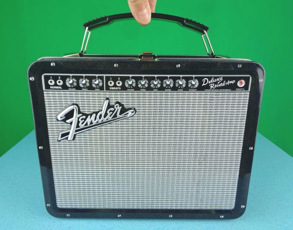 Fender Deluxe Reverb Amp Speaker Black White Tin Top Handle Handbag Lunch Box Case Purse Collector Gift Storage Container Home Decor Display