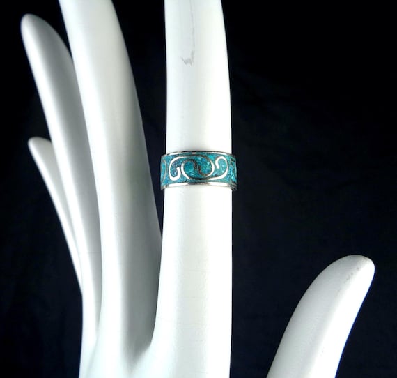 Vintage Retro 1950s-1960s TAXCO 925 Turquoise Sterling Silver Band Ring - Size 6 Statement Jewelry Gift Keepsake Memento