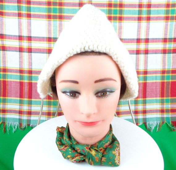 Vintage 1950s Cable Knit Beanie: Ivory Acrylic Wool Capulet Mid Century Hat Anita Pineault