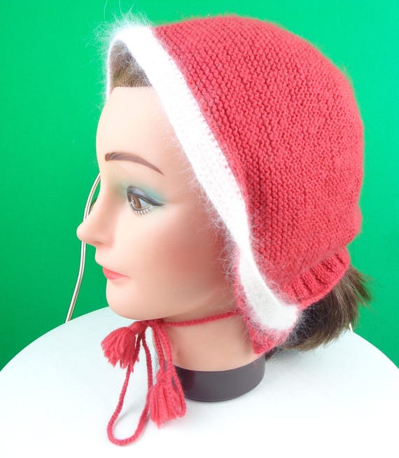 Vintage Retro Handmade Skull Half Beanie Hood Tie Hat 1940s 1950s Mid Century Accessorie Coral White Angora Acrylic Wool Cable Knitwear Gift