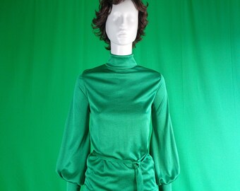Vintage Retro Clothing Blouse Top Shirt 1960s 1970s Small Barbee Emerald Green Bishop Puff Tie Belt Polyester Mid Century Formal Casual Gift