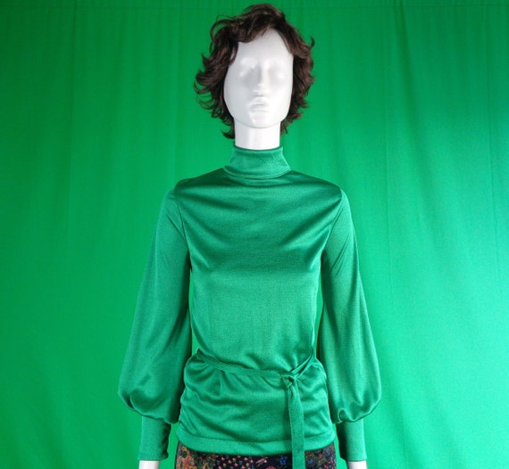 Vintage Retro Clothing Blouse Top Shirt 1960s 1970s Small Barbee Emerald Green Bishop Puff Tie Belt Polyester Mid Century Formal Casual Gift