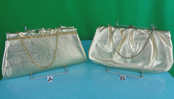 Vintage Retro Gold Purses Handbags Clutches Top Handle 50s 60s Mid Century Metallic Lame Wedding Party Evening Formal Casual Accessorie Gift
