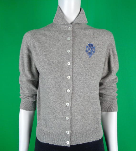 Vintage Retro Clothing Apparel Button Cashmere Cardigan Monogram Sweater Top Knitwear 1940s 1950s Sm Broadway California Gray Blue Bead Gift