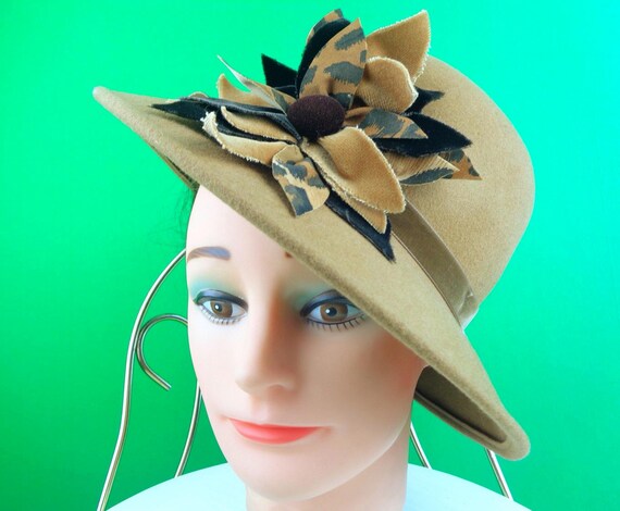 Vintage Retro Bucket Brim Hat 70s 80s Leopard Animal Print Brown Camel Black Wool Velvet Weding Party Evening Formal Casual Gift Accessorize