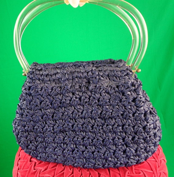 Vintage Retro Accessorie Straw Purse Handbag Top Handle Clutch 1940s 1950s Mid Century Large Navy Blue Raffia Lucite Coin Pouch Wedding Gift