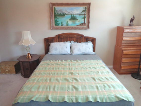 Vintage Retro Horse Blanket Throw Cover Quilt Bedding Spread Comforter 1940s 1950s Mid Century Plaid Home Everyone Gift Green Orange Yellow