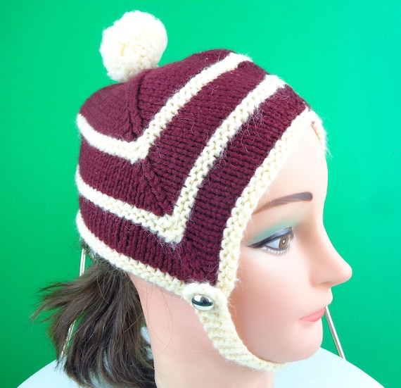 Vintage Retro Handmade Skull Capulet Beanie Half Hat 1950s 60s Mid Century Accessorie Burgundy Ivory Acrylic Wool Cable Knit Chevron Gift