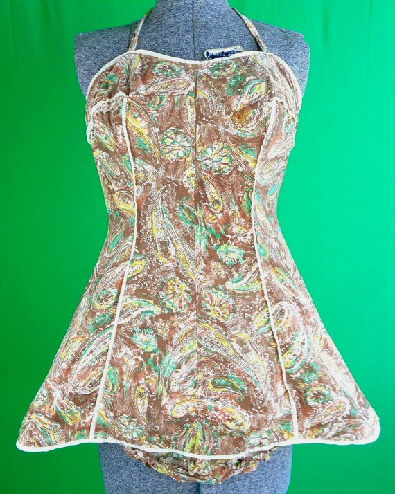 Vintage Retro Handmade Clothing Apparel S Romper Playsuit Bloomer Shorts Bathing Swimwear 1950s 60s Mid Century Brown Green Yellow Gift