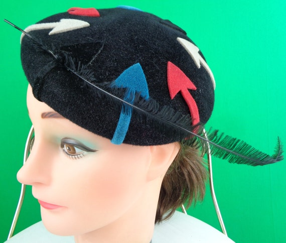 Vintage Retro Accessorie Holt Renfrew Half Mini Base Hat 40s 50s Black Feather Wool Red Blue Gray Arrow Mid Century Wedding Evening Formal