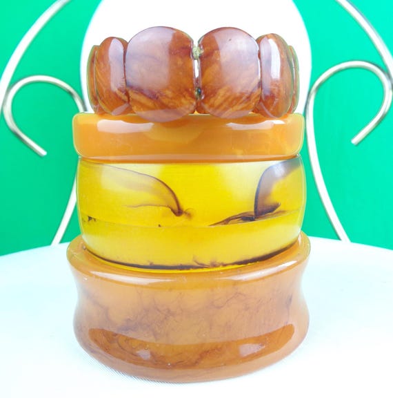 Vintage Retro Slide Stretch Spinner Bracelet Bangle Jewelry 60s 70s Yellow Orange Brown Marble Wedding Party Evening Formal Accessorize Gift