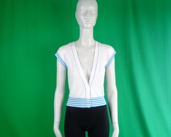 Vintage Retro Handmade Clothing Apparel White Blue Cotton Top Tee Shirt Blouse Short 1970s 1980s XS S Solid Stripe Beach Resort Casual Gift
