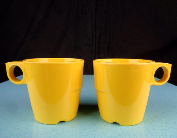 Vintage Melmac Stacking Cups Set – Mid Century Modern Yellow Drinkware Made Canada Nesting Mugs