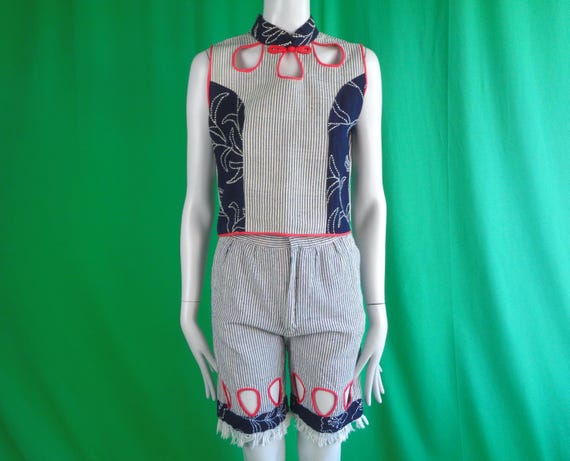 Vintage Retro Handmade Clothing Apparel Set Pullover Top Blouse Shirt Short Pants 1960s 70s Mid Century S Casual Gift Stripe Blue Red White