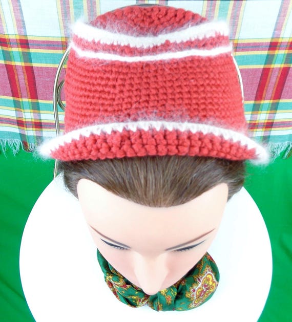 Vintage 1950s Angora Wool Half Hat, Coral & White Knit Capulet Handmade Beanie Accessory Gift