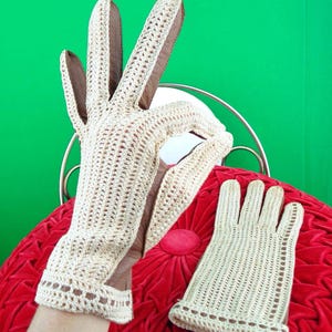 Vintage Retro Leder häkeln Auto Handschuhe Accessorie 1940er Jahre 1950er Mid Century 6 1/2 Kidskin Braun Beige Hochzeit Party Geschenk