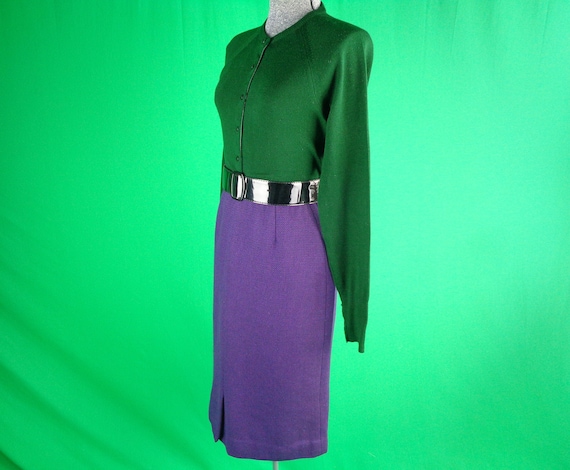 Vintage Mister Leonard Purple Pencil Skirt, Geometric Pattern, 1970s Black Knit Clothing Apparel