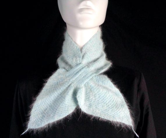 Vintage 1950s Angora Scarf: Handmade Wool Wrap Mid Century Neck Head Wear Blue Accessory