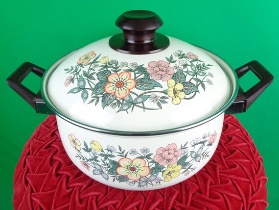 Vintage Retro Decorative Stock Pot Dutch Cookware Transfer-ware 1970s 80s Large Floral Enamel Home House Kitchen Dining Serving Party Gift
