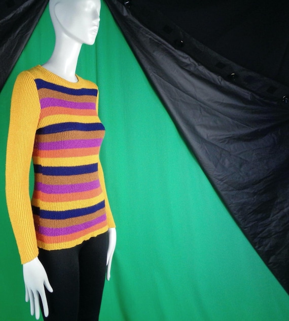 Vintage 1960s Knit Pullover: Striped Sweaters Top Lovable Canada Yellow, Blue, Beige, Purple, Orange