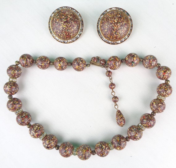 Vintage Retro Jewelry Necklace Clip Ons Earrings Set 1940s 50s Mid Century Accessories LG Brown Speckle Chocker Resin Wed Party Formal Gift