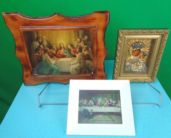 Vintage Religious Wall Art: Last Supper, Antique Madonna Icon Shadow Box Picture Spiritual Keepsake