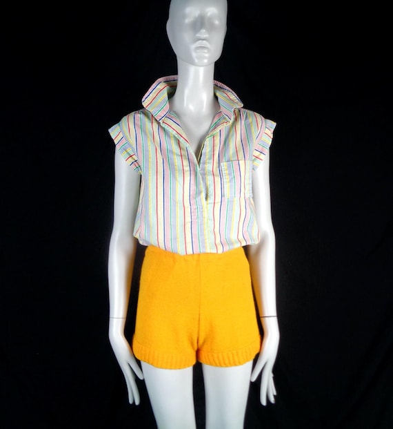 Vintage Handmade 70s Striped Cotton Pullover Top, Snap Collar Blouse Shirt Yellow Blue Red