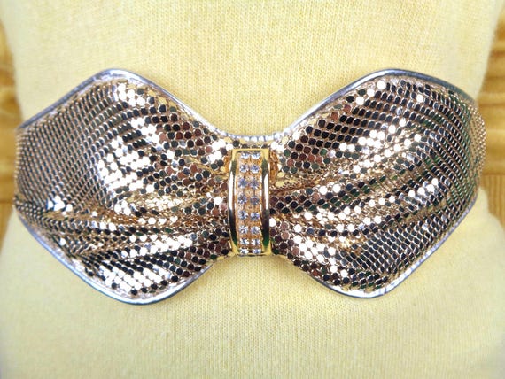Vintage Gold Metallic Scale Belt: Rhinestone Wide Bow 1970s-1980s S/M Gift Accessory