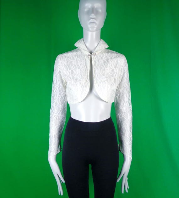 Vintage Retro Clothing Dress Bolero Crop Jacket Top Blouse 40s 1950s Mid Century Sm White Lace Wedding Bridal Party Formal Evening Prom Gift