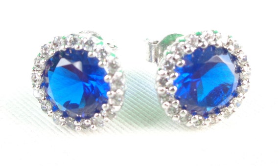 Vintage Jewelry Earrings Stud 925 Sterling Sliver Brilliant Blue Sapphire Lab Creat Halo Bezel Cluster Diamonds Faceted Birthstone Gift
