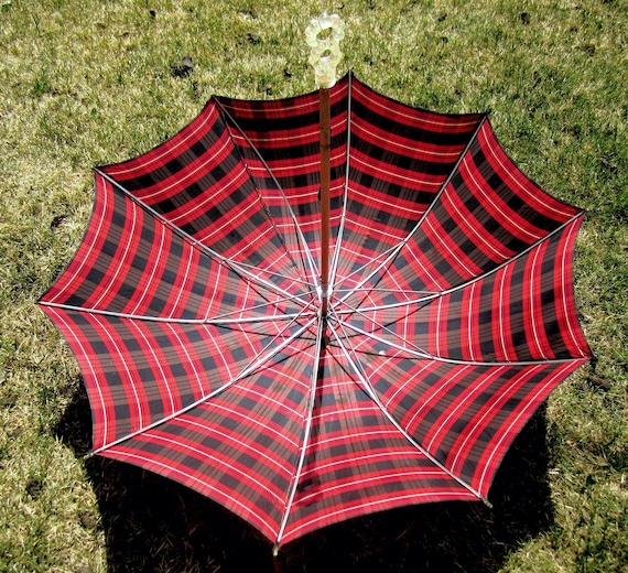 Vintage 1940s Plaid Tartan Umbrella, Evans Swenson USA Parasol Canopy Accessory Red Black Brown