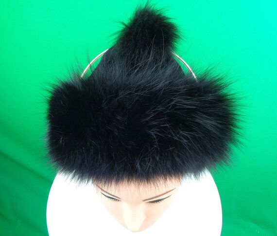 Womens Girls Accessorie Jet Black Fox Fur Pom Pom… - image 5