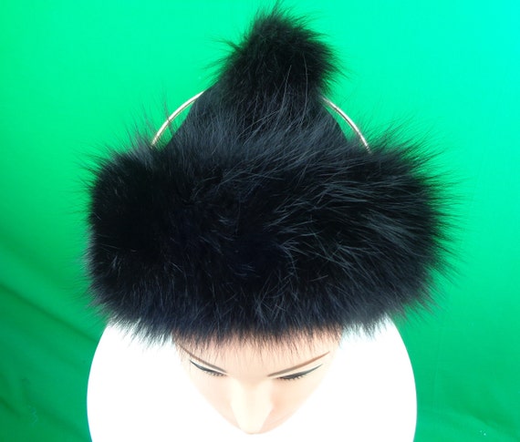 Vintage Retro Black Fur Suede Skull Cap Half Hat 22" 1960s 1970s Accessorie Snow Winter Pom Pixie Quilt Birthday Christmas Holiday Gift