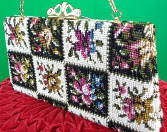 Vintage Tapestry Clutch: 1950s-60s Floral Checkerboard Handbag Mid Century Carpet Evening Purse Gift