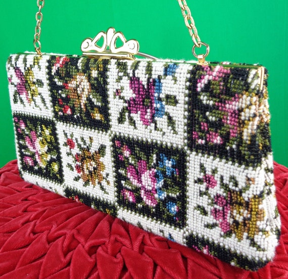 Vintage Retro Accessorie Purse Handbag Clutch 1950s 1960s Mid Century Top Handle Tapestry Checker Carpet Wedding Party Evening Formal Gift