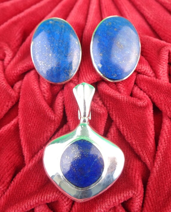 Vintage Retro Blue Lapis Lazuli Clips Earrings Pendant Set Jewelry Gemstone Rock 1940s 50s Art Nouveau Oval Silver Plate Wedding Party Gift